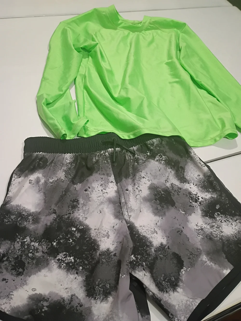 Little Bipsy Kids' Neon Green Swim Shirt and Black Gray Print Swim Shorts 12y